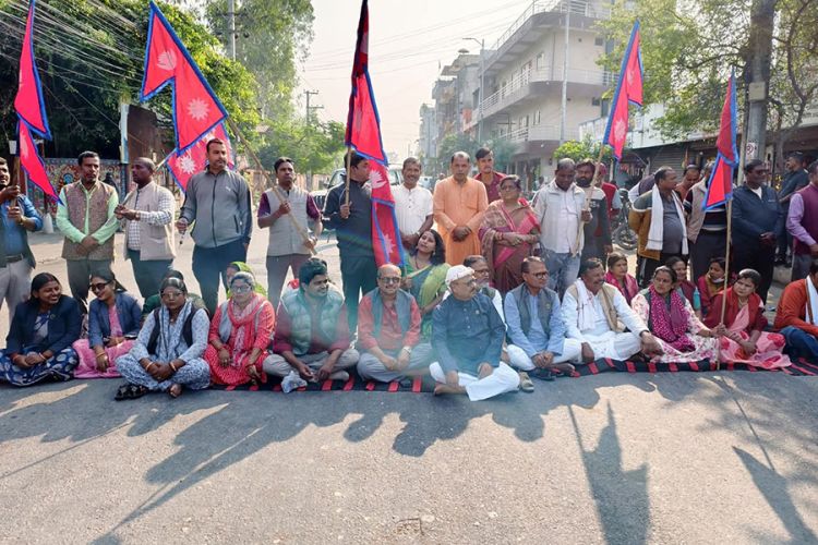 ७ दलीय गठबन्धनका सांसदले दिए सडकमा धर्ना